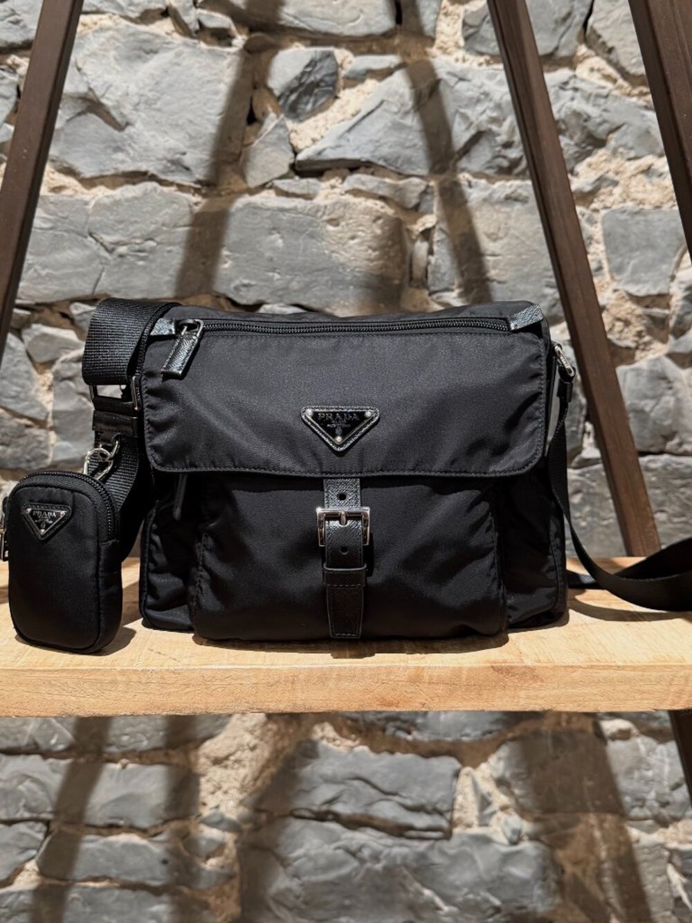 Prada Black Tessuto Re-nylon And Saffiano Shoulder Bag w/ Pouch